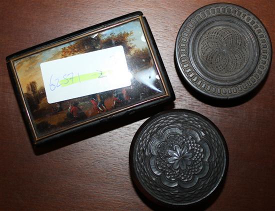 2 engine turned wood snuff boxes and reverse painted glass snuff box - 3